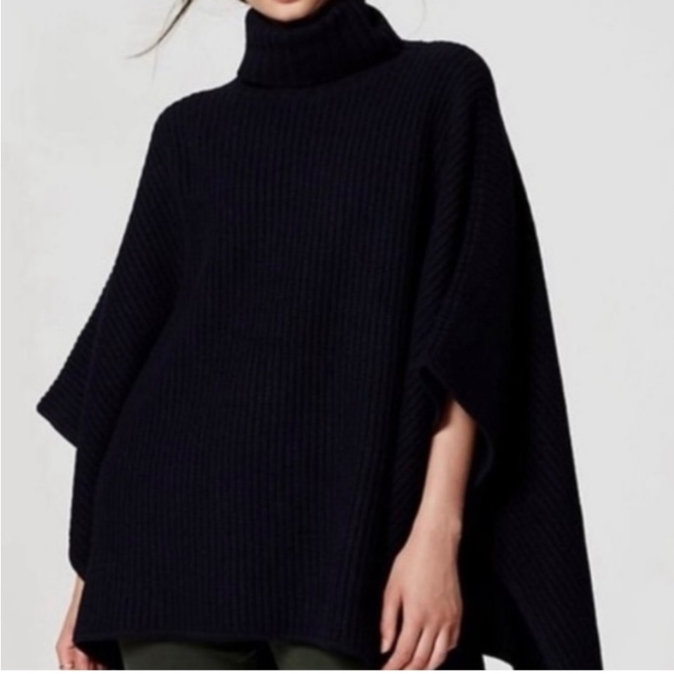 Ann Taylor Loft Chunky Knit Poncho Turtleneck Navy Blue Wool Blend